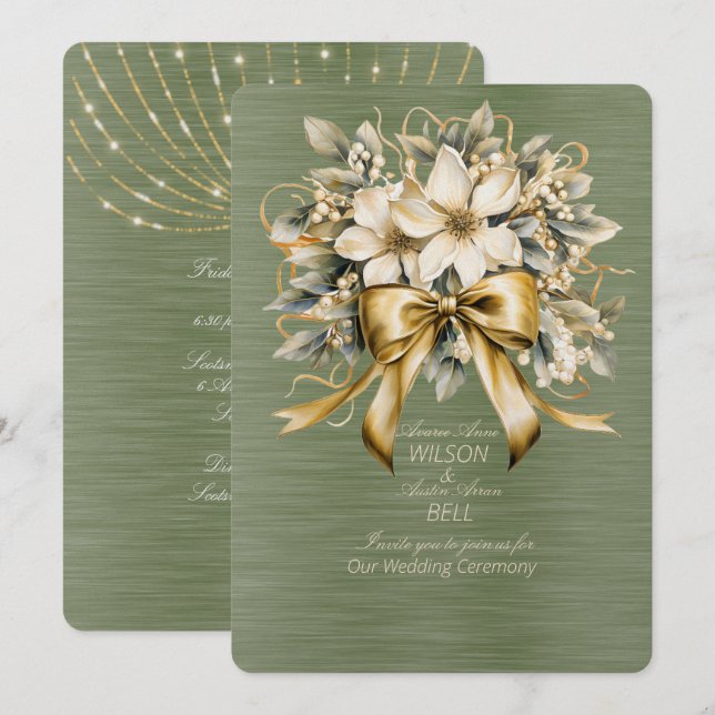 Convite Natal Branco com Folhas Verdes e Fita Dourada (Frente/Verso)