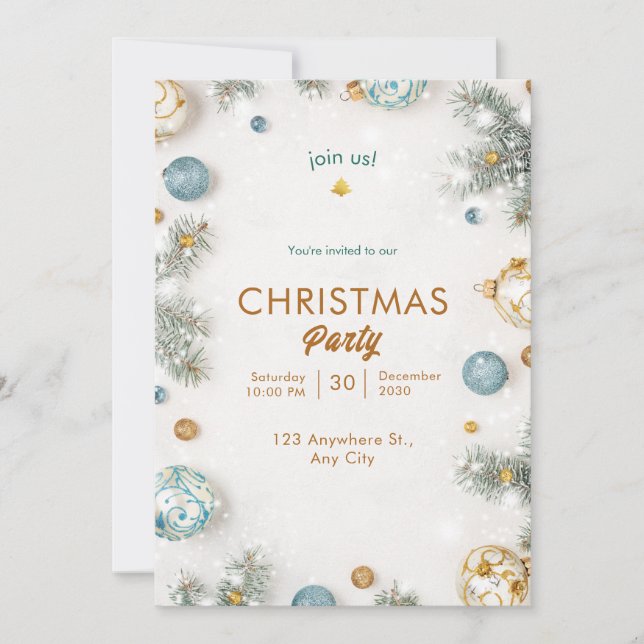 Convite Natal branco e azul clássico (Frente)