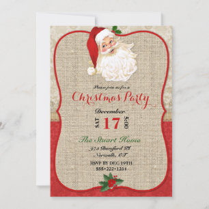 Convite Natal Burlap Damask Papai Noel