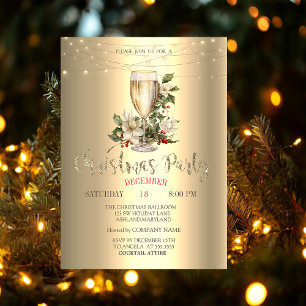 Convite Natal Champanhe,Poinsettia,Holly Berry Gold