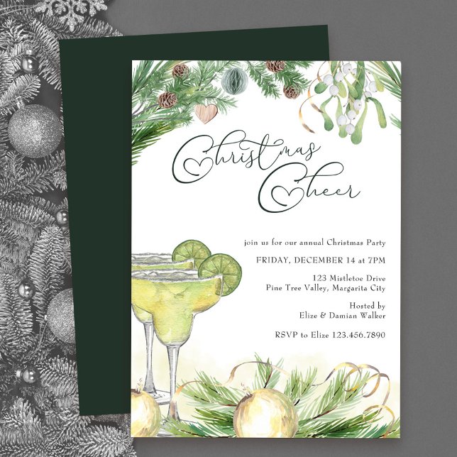 Convite Natal Cheer Margaritas e MistletoParty (Christmas Party Invitation with Christmas Cheer, Margaritas and Mistletoe)