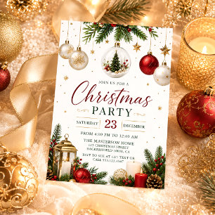 Convite Natal Colorido com Bolas Douradas e Galhos de Árvo
