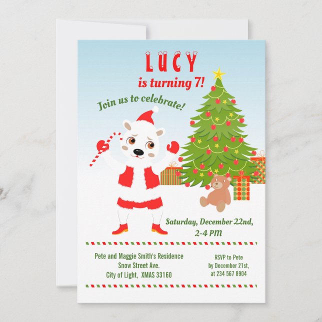 Convite Natal com Festa de aniversário de Urso Polar (Frente)