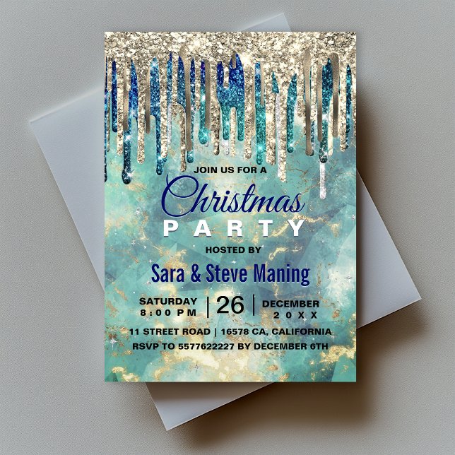 Convite Natal com gotas de glitter azul turquesa chic (Criador carregado)