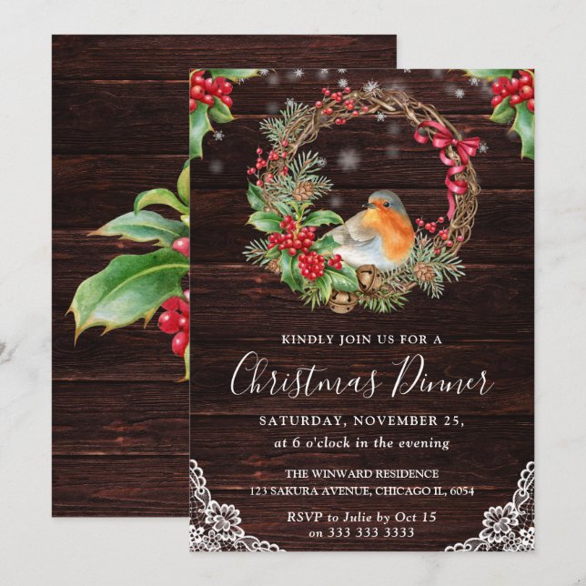 Convite Natal com Robin Rústico e Grinalda de Azevinho (Frente/Verso)