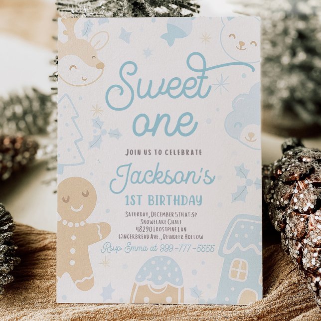 Convite Natal Cookie Primeiro Aniversário (Christmas cookie first birthday boy invitation with gingerbread, festive holiday cookies, and red-gr)