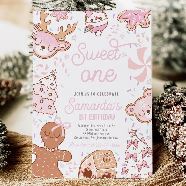 Convite Natal Cookie Primeiro Aniversário (Christmas cookie first birthday invitation with gingerbread, holiday treats, and festive red and gre)