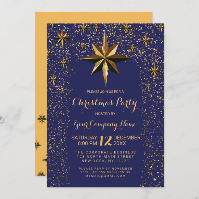 Convite Natal Corporativo do Dourado Star Glitter Confetti (Frente/Verso)