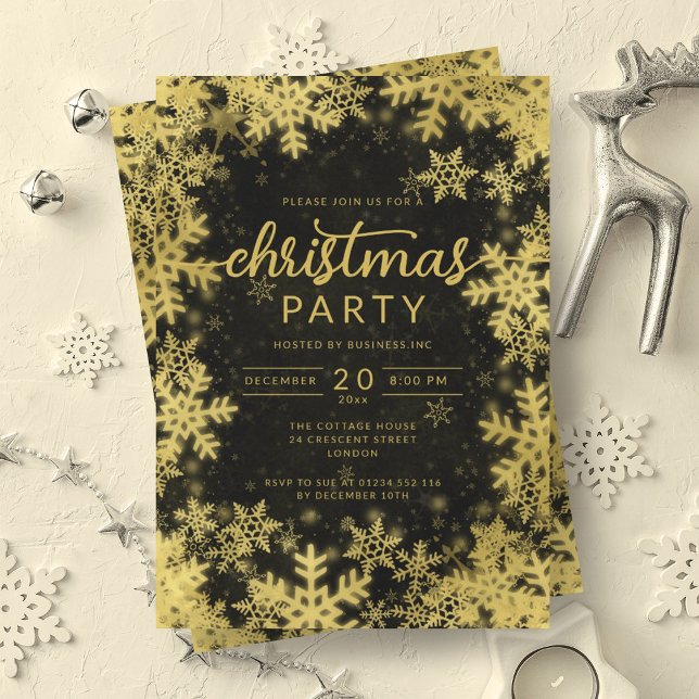 Convite Natal da Companhia de Flocos de Neve Pretos Dourad (Modern Gold Black Snowflakes Company Christmas Invitation)