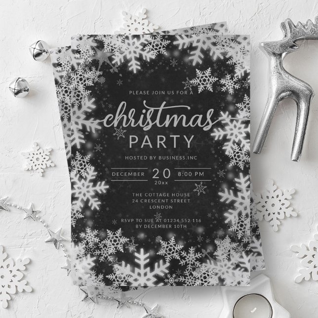 Convite Natal da Companhia Modern Silver Black Snowflakes (Modern Silver Black Snowflakes Company Christmas Invitation)