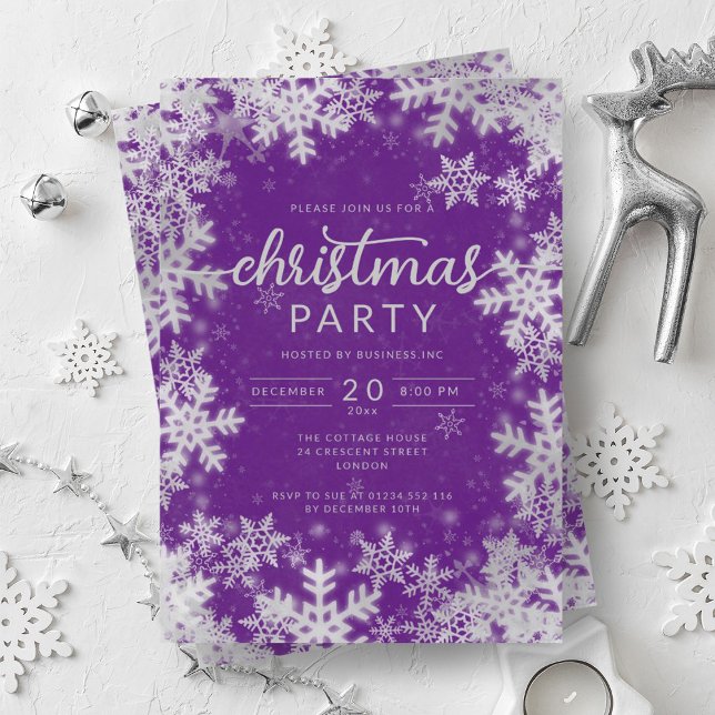 Convite Natal da Companhia Modern Silver Purple Snowflakes (Modern Silver Purple Snowflakes Company Christmas Invitation)
