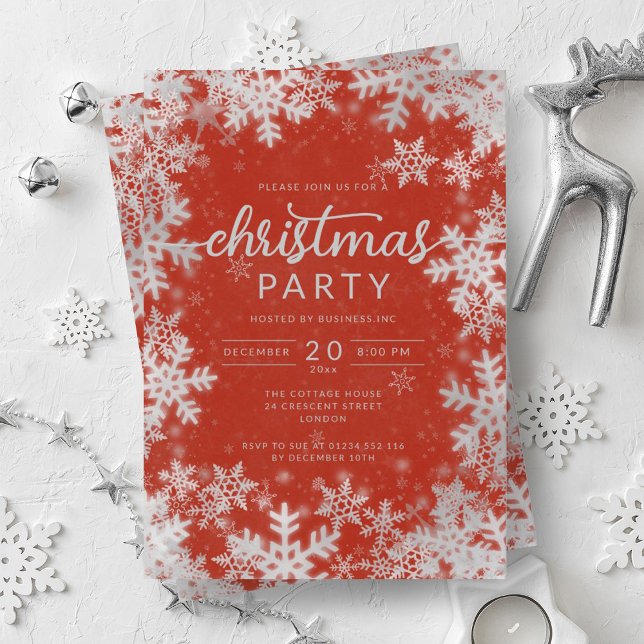 Convite Natal da Companhia Modern Silver Red Snowflakes (Modern Silver Red Snowflakes Company Christmas Invitation)
