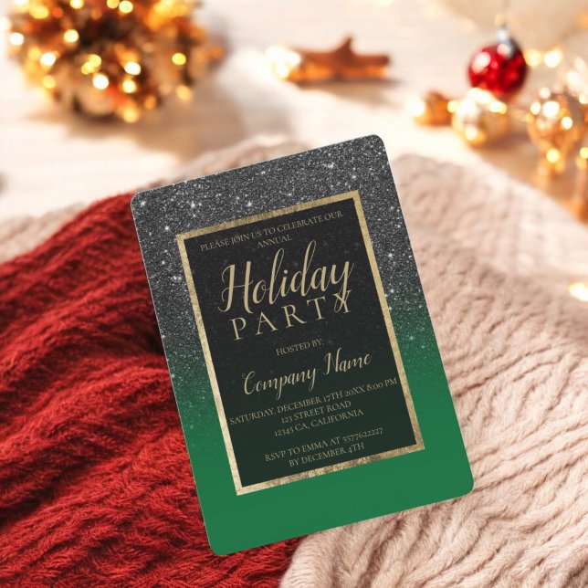 Convite Natal da empresa verde ouro brilhante preto (Black glitter gold green corporate Christmas Invitation)