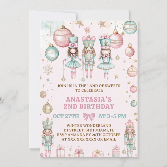 Convite Natal da Quebradora de Nozes Menina Rosa Aniversár (Frente)