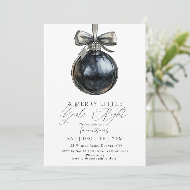 Convite Natal das Amigas Enfeite Preto Noite de Natal (Em pé/Frente)