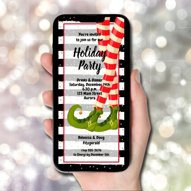 Convite Natal das Pernas do Elf Whimsical (Whimsical Elf Legs Christmas Invitations - INSTANT DOWNLOAD and/or PRINTED)