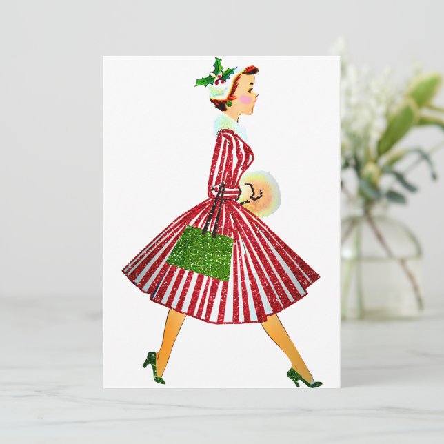 Convite Natal de 1950 Senhora Vintage   (Em pé/Frente)
