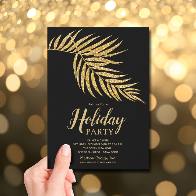 Convite Natal de Férias com Palma de Glitter Dourado Elega (Elegant Gold Glitter Palm Holiday Christmas Invitations - INSTANT DOWNLOAD and/or PRINTED)