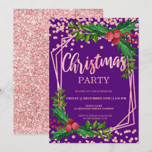 Convite Natal de Holly Glitter Roxo-Dourado rosa