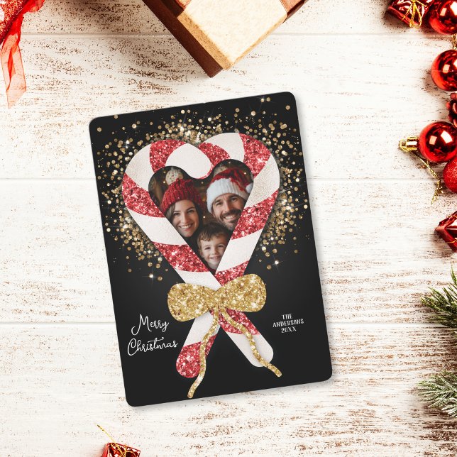 Convite Natal de Imagem de Caneta Glitter Única (glitter candy cane photo frame christmas card)