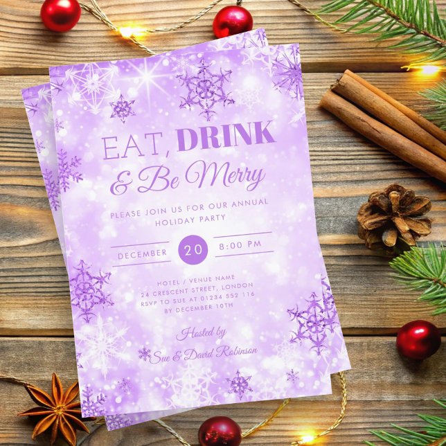 Convite Natal de inverno "Coma e Beba" Feriado Roxo (Winter "Eat & Drink" Purple Holiday Christmas Invitation)