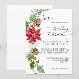 Convite Natal de inverno Floral Vermelho Dourado Poinsetti