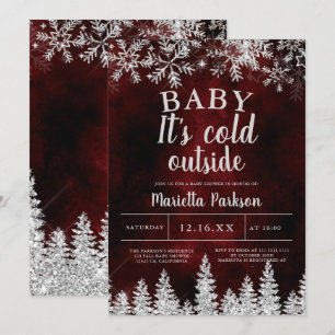Convite Natal de inverno prata neve pinheiro vermelho chá 