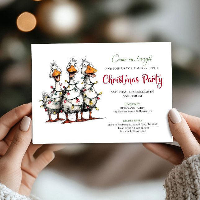 Convite Natal Divertido Excêntrico Gansos Festa Caprichosa (Christmas Funny Quirky Geese Whimsical Party Invite)