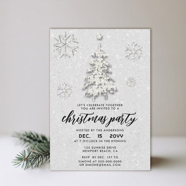 Convite Natal do inverno para os Rinotebooks Brancos Negro (christmas party invitation elegant snowflakes tree sparkles minimalist modern red white black)