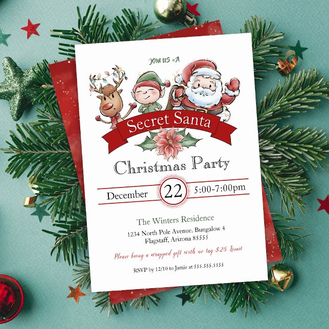 Convite Natal dos Papais noeis Secretos de Troca de Presen (cute secret santa party invitations for holiday office party or gift exchange white elephant party)