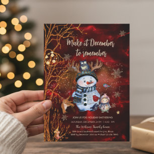Convite Natal Elegante Vermelho Dourado Boneco de Neve & P