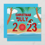 Convite Natal em julho de 2023 Watermelon Beach<br><div class="desc">A ilustração do Natal de julho de 2023,  com o número vermelho do ano 2023,  decorado com corrente luminosa colorida,  melancia fatiada e chapéu vermelho de Papai Noel. Exibido na praia com palmeiras e água oceânica.</div>