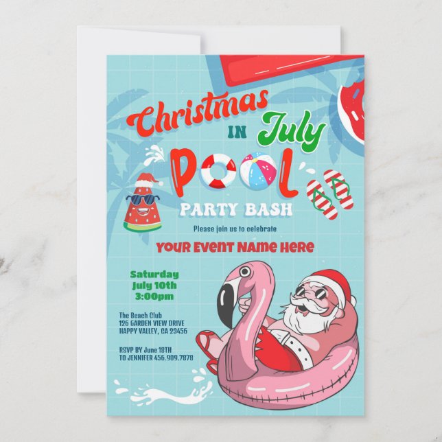 Convite Natal Em Julho Papai noel Festa Piscina Criança Ad (Frente)