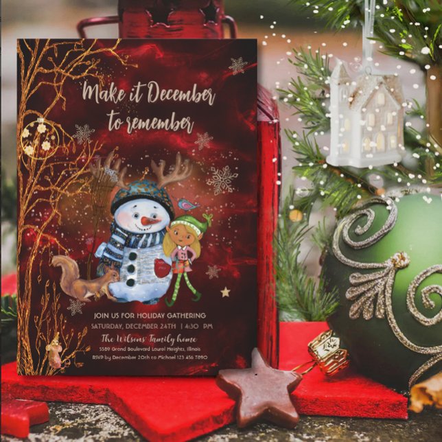 Convite Natal Fantasioso com Esquilo e Boneco de Neve Verm (Whimsical Red Gold Snowman Elf Squirrel Christmas Invitation)