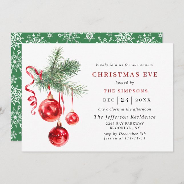 Convite NATAL Feriado de Ornamento de Aquarelas EVE (Frente/Verso)