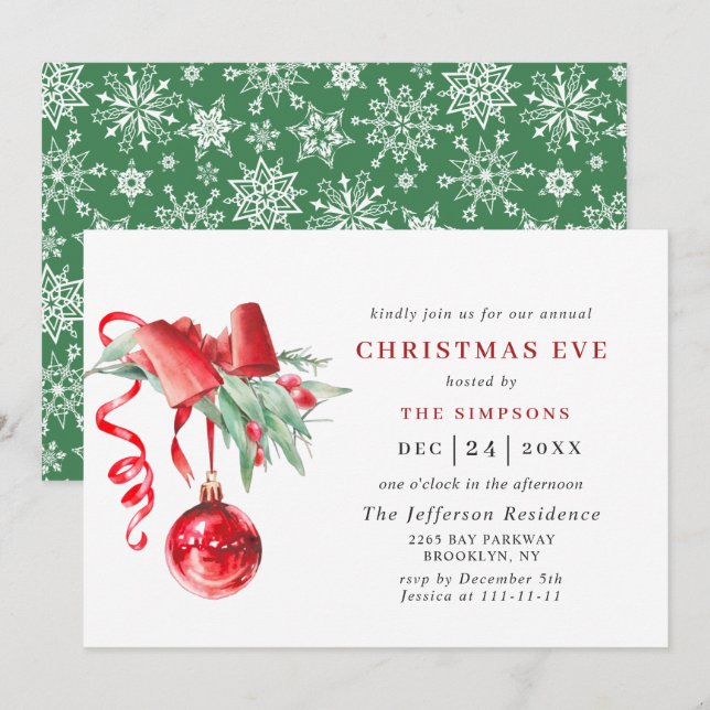 Convite NATAL Feriado de Ornamento de Aquarelas EVE (Frente/Verso)