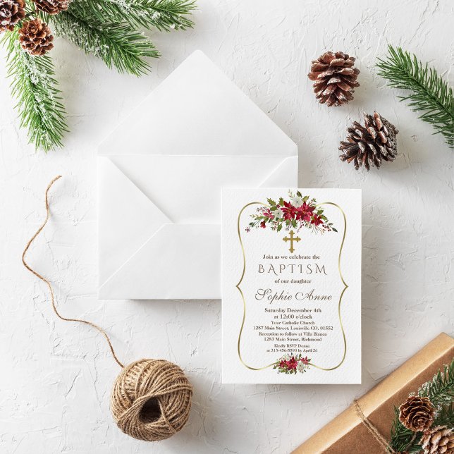 Convite Natal Feriado Poinsettia Branca Vermelha Baptismo (Criador carregado)