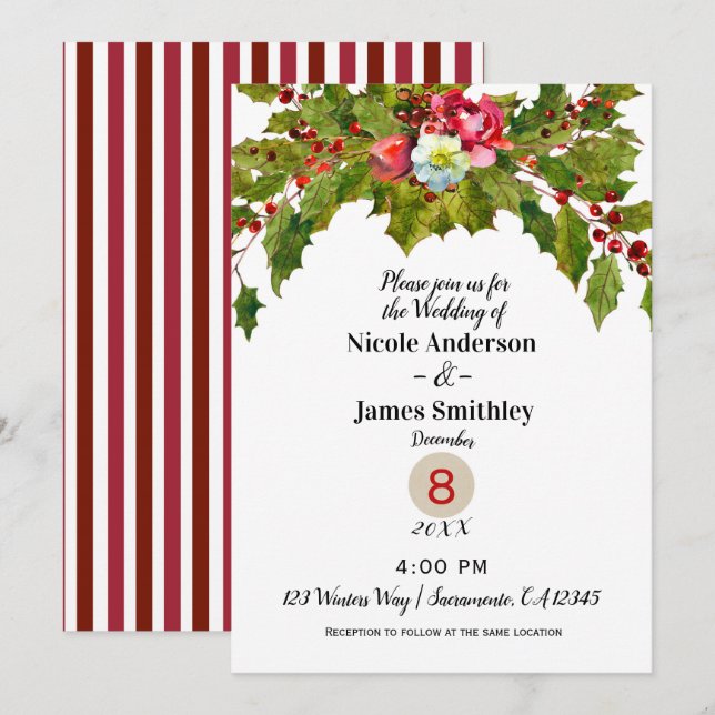Convite Natal Férias Folhas de Azevinho Casamento de Inver (Frente/Verso)