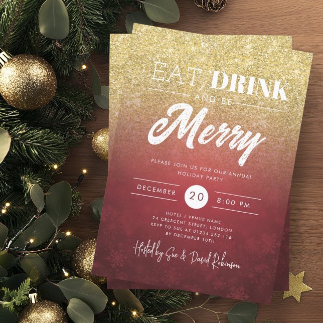 Convite Natal Festivo Comer & Beber Dourado Vermelho Festa (Festive Eat & Drink Gold Red Holiday Christmas Invitation)