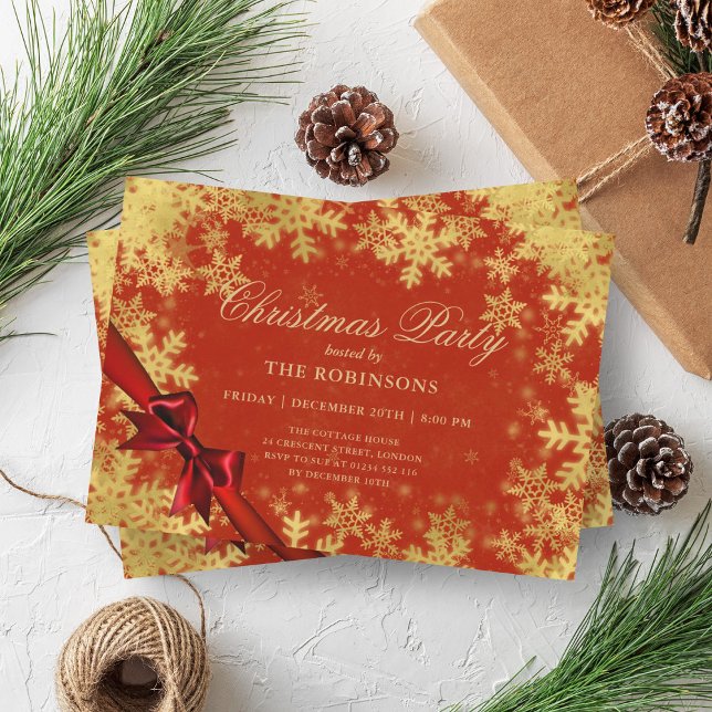 Convite Natal Festivo Dourado e Fita Vermelha (Festive Holiday Christmas Gold & Red Ribbon Invitation)