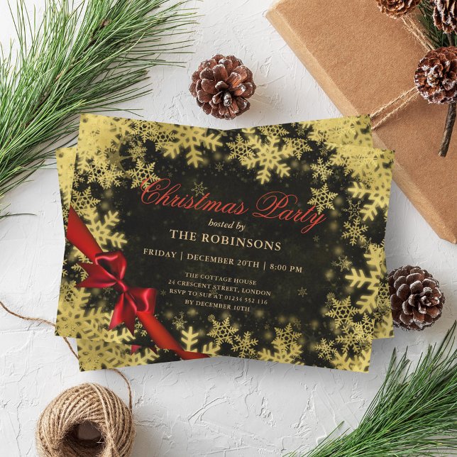 Convite Natal Festivo Dourado e Fita Vermelha Preta (Festive Holiday Christmas Gold & Red Ribbon Black Invitation)