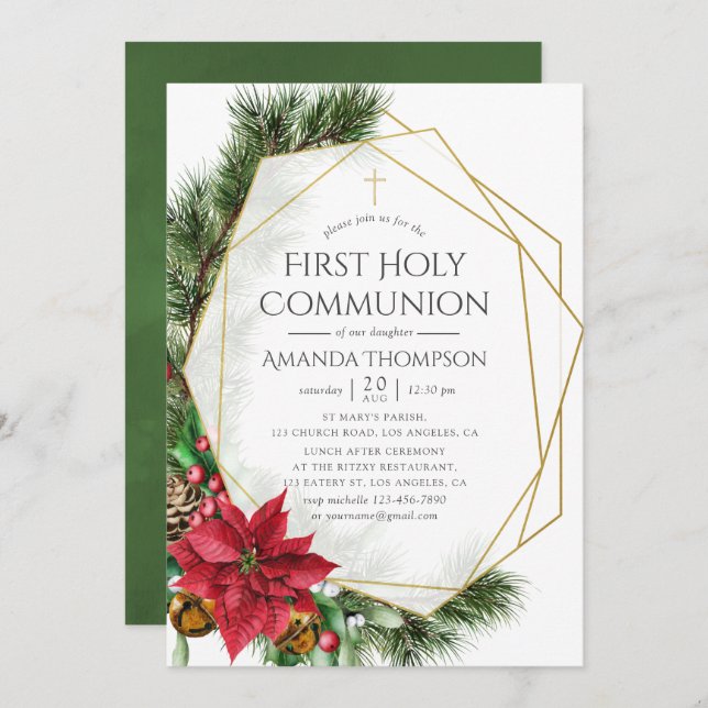 Convite Natal Floral Geométrico Primeira Comunhão Santa (Frente/Verso)