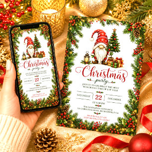 Convite Natal Gnomo Vermelho Azevinho Bagas Árvore Natal
