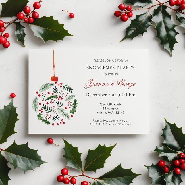 Convite Natal Holly Ornament Festa de noivado de inverno (Christmas Holly Ornament Winter Engagement Party Invitation)