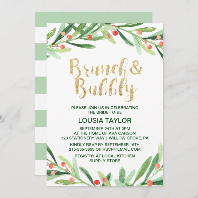 Convite Natal Holly Wreath Brunch e Bubble (Frente/Verso)