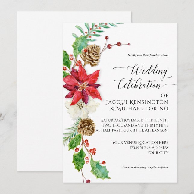 Convite Natal Inverno Vermelho Dourado Poinsettia Holly (Frente/Verso)