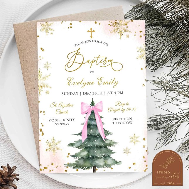Convite Natal Menina Rosa Dia de Batismo Inverno Nevado  (Criador carregado)