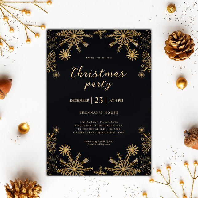 Convite Natal Moderno Elegante Preto E Dourado Festivo (Elegant Modern Christmas Black And Gold Festive Invitation)