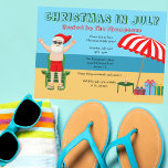 Convite Natal no Verão Festa de Santa Claus na Praia<br><div class="desc">Este lindo Natal, com desenho de julho, faz um perfeito convite de festas de verão para um cesto de praia ou reunião de piscinas. Torne-o um polo norte divertido, extravaganza temerária com Papai Noel em seus troncos de natação próximos a um guarda-chuva e presentes de praia listrados e vermelhos. Nunca...</div>