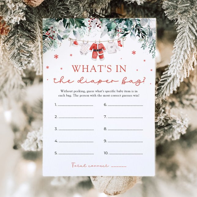 Convite Natal O que há no Chá de fraldas da Fralda (Watercolor Christmas Santa What's In The Diaper Bag Baby Shower Game)